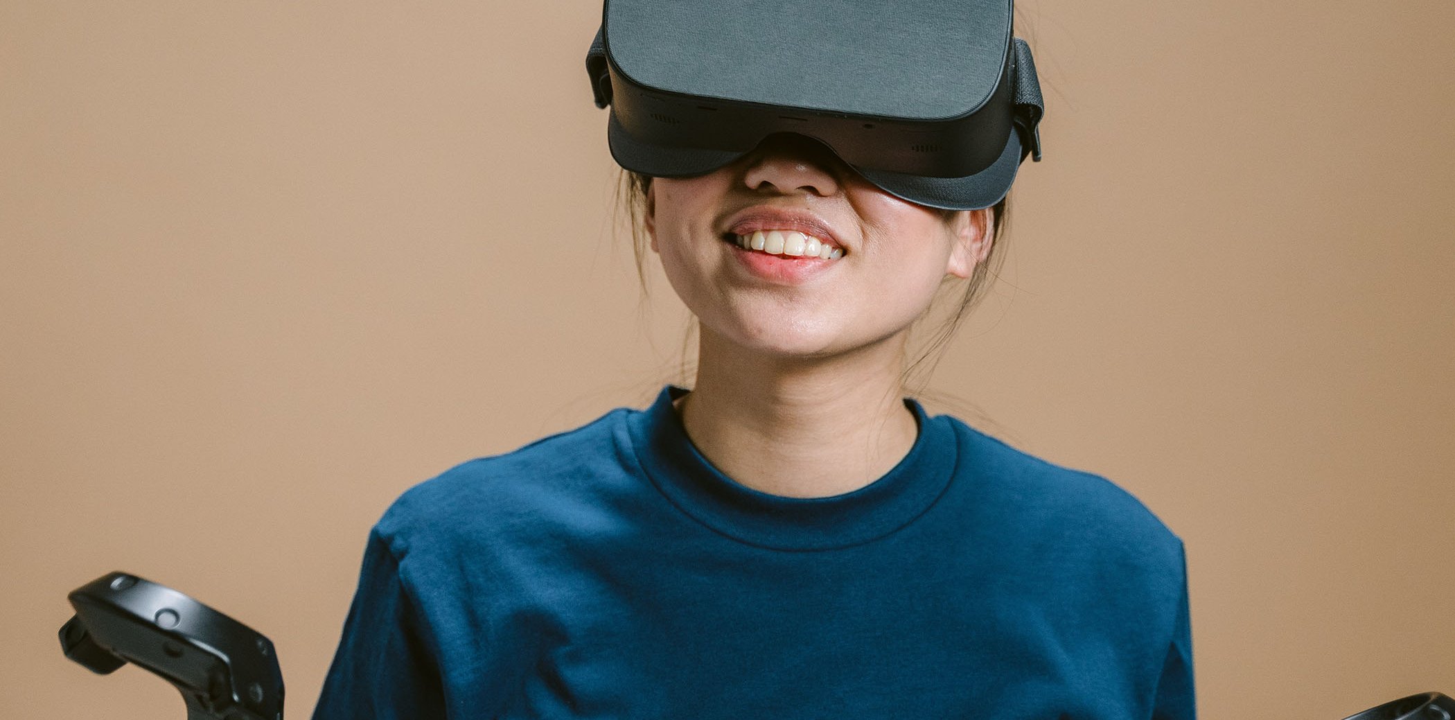 A person wearing virtual reality goggles