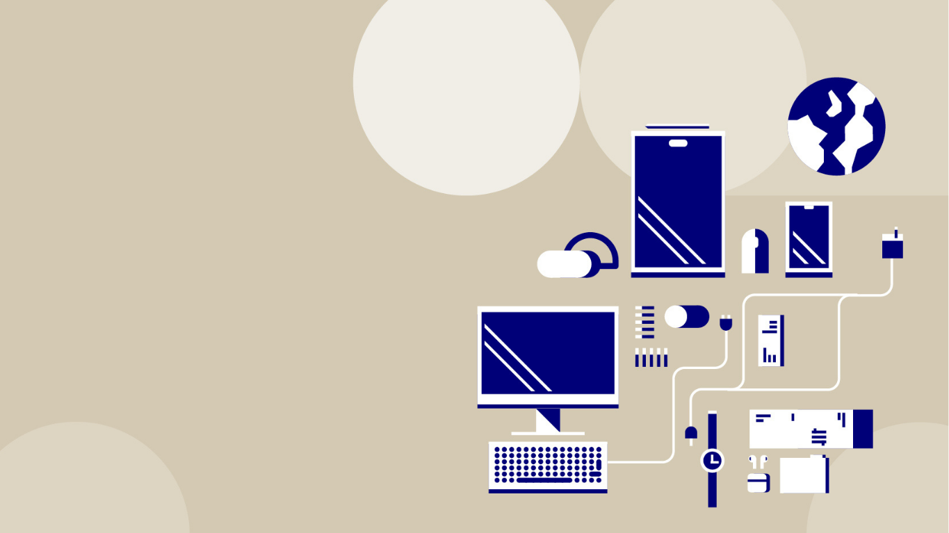 Il·lustració gràfica en blau sobre fons beix que mostra un ecosistema de dispositius digitals connectats, com un ordinador, un mòbil, un rellotge intel·ligent i unes ulleres de realitat virtual.