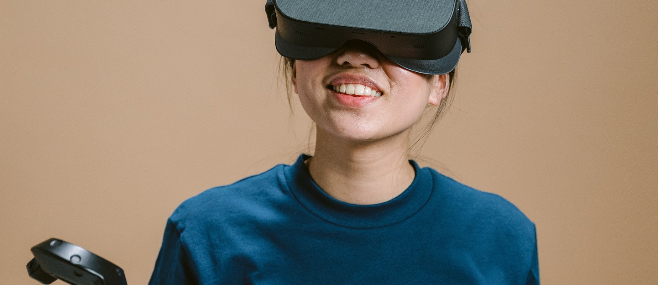 A person wearing virtual reality goggles