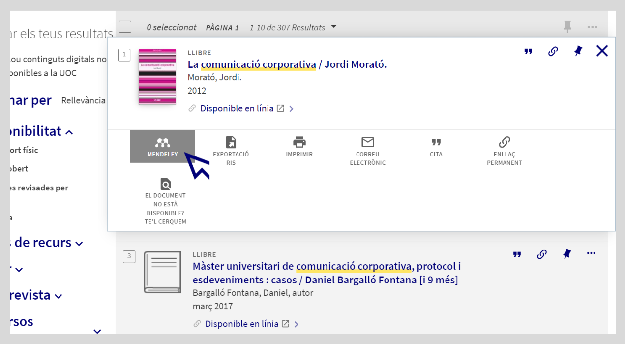 Opció mendeley a Biblioteca